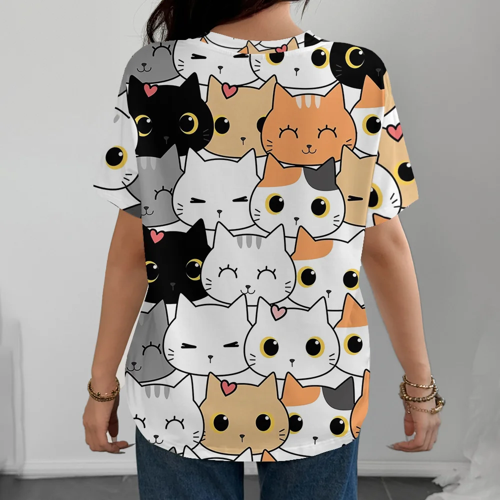 Cute And Playful Cartoon Cat Pattern Women's Fun T-shirt Fashionable And Comfortable White Short Sleeve - Image 2