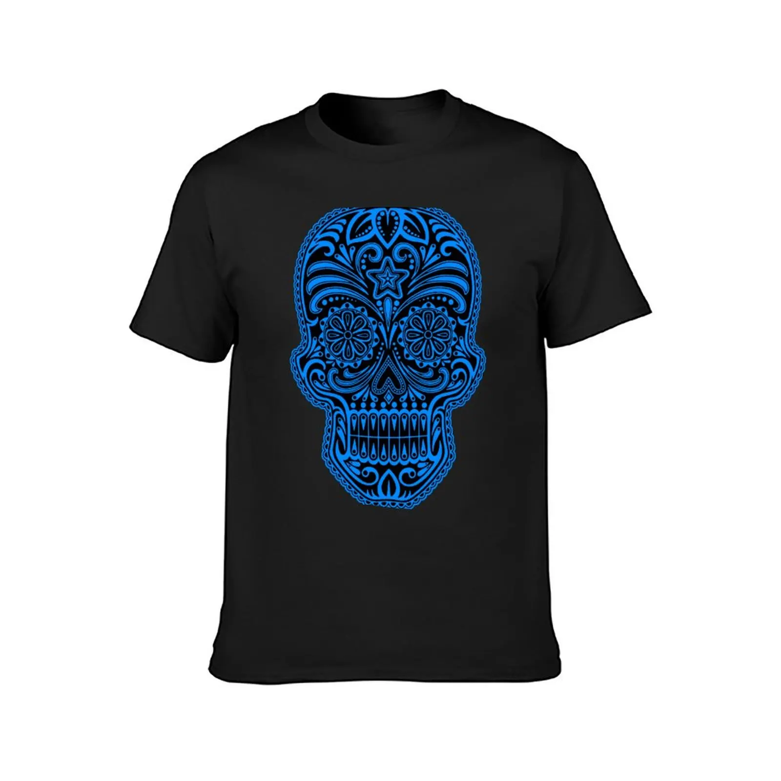 Intricate Blue and Black Sugar Skull T-Shirt sweat heavyweights oversized t shirts for men