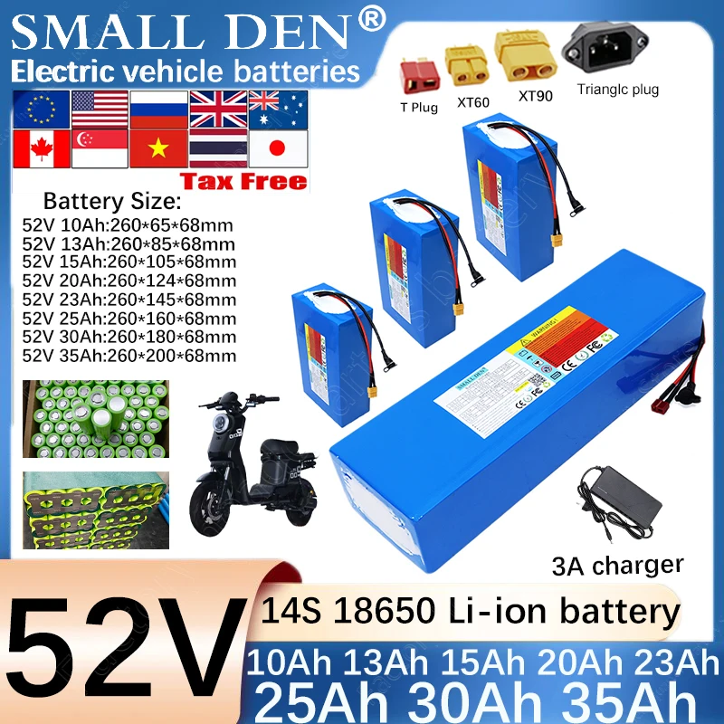 

52 В, 35 Ач, 30 Ач, 25 Ач, 23 Ач, 20 Ач, 15 Ач, 13 А, 10 А, 18650, литиевый аккумулятор 14S3P-10P, 1500 Вт, подходит для различных электроинструментов + зарядное устройство 3 А