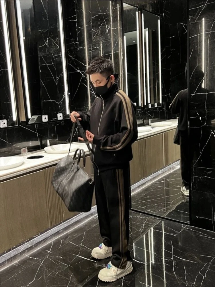 

Элитный мужской повседневный спортивный костюм: куртка со стоячим воротником и длинные брюки, комплект из двух предметов, молодежный, весна-осень, 100% другие материалы