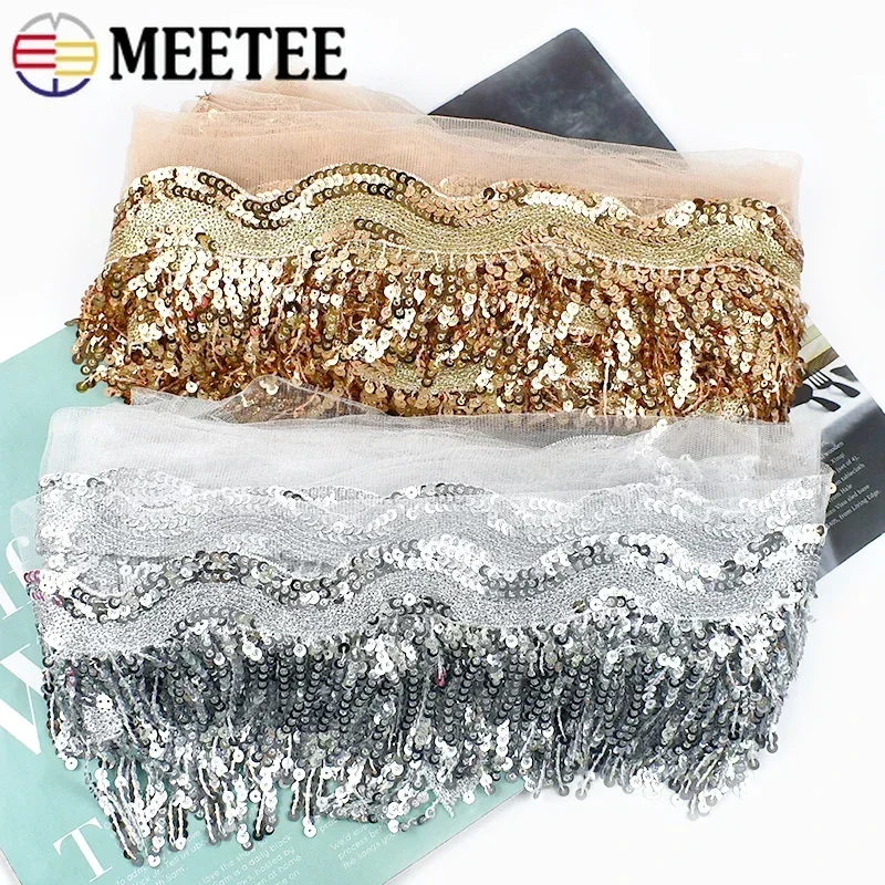 1-5Yards 8cm Sequins Tassel Fringe Paillette Mesh Lace Trim Ribbon for Sewing Performance Skirt Wedding Dress Decoration Fabric