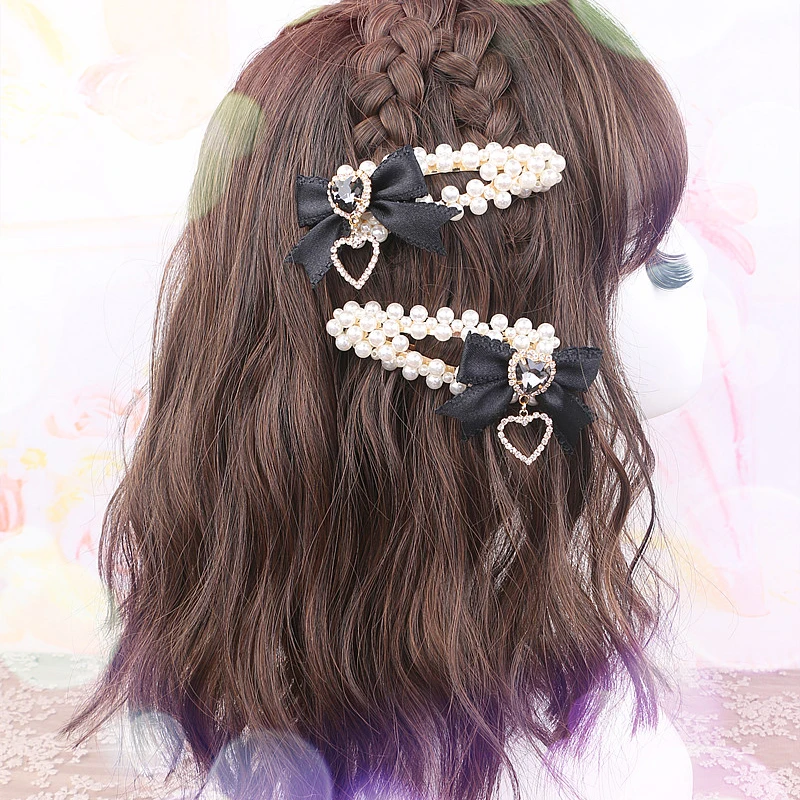 1 زوج حساسة لوليتا دبوس الشعر Larme كي اللؤلؤ القوس المشابك حجر الراين الحب القلب دبابيس الشعر الجانب كليب إكسسوارات الشعر