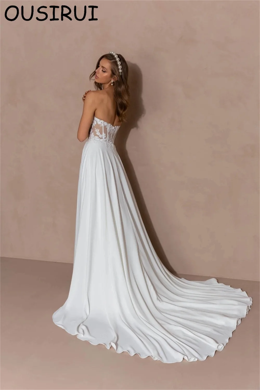 OUSIRUI elegante abito da sposa con spacco laterale in raso con spalle scoperte e abito da sposa in pizzo a-line senza schienale Vestido de novia