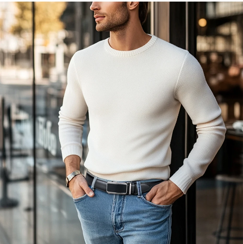 Maikun Leder-Ratschengürtel für Herren. Klicken Sie auf Ledergürtel, verstellbarer Schnallenbesatz, passend für Schwarz, Braun – Detail 7