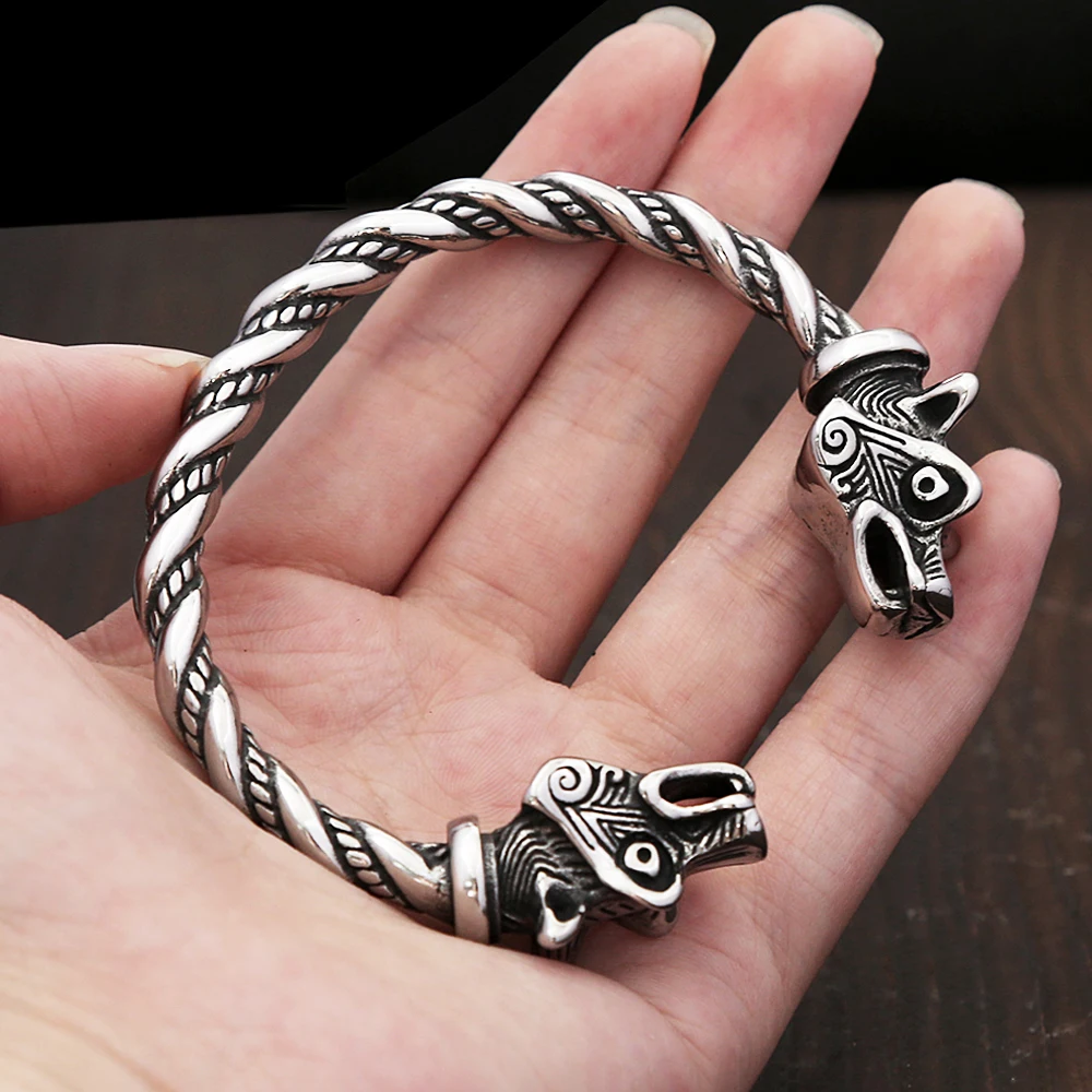 Vintage Nordic Viking Wolf Head Bracelet For Men Women 316L Stainless Steel Fashion Animal Bracelet Vikings Jewelry Dropshipping view 6