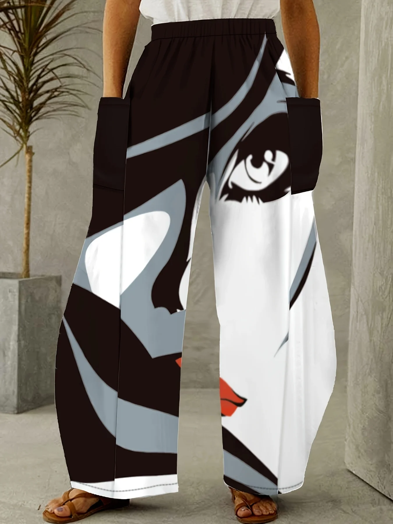 

Ladies' Casual Pants Abstract Face Fashionable Printed Double Pocket Loose Pants Spring Summer Elegant Women's Daily Streetwear
