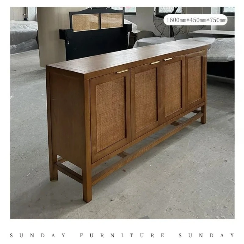 

X-S -style Rattan Dining Side Cabinet, Log Color Solid Wood Locker, Simple And Old Storage Cabinet Customization