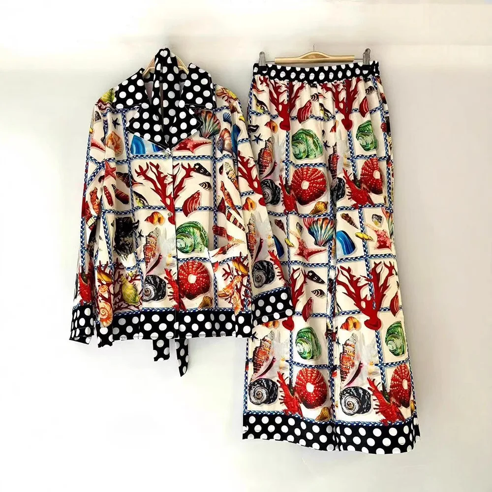 

Fashion Royal Court Style Retro Floral Printed Womens Sets Loose Long Sleeve Lapel Shirts Two Pieces Waist Wide Leg Pant Suit