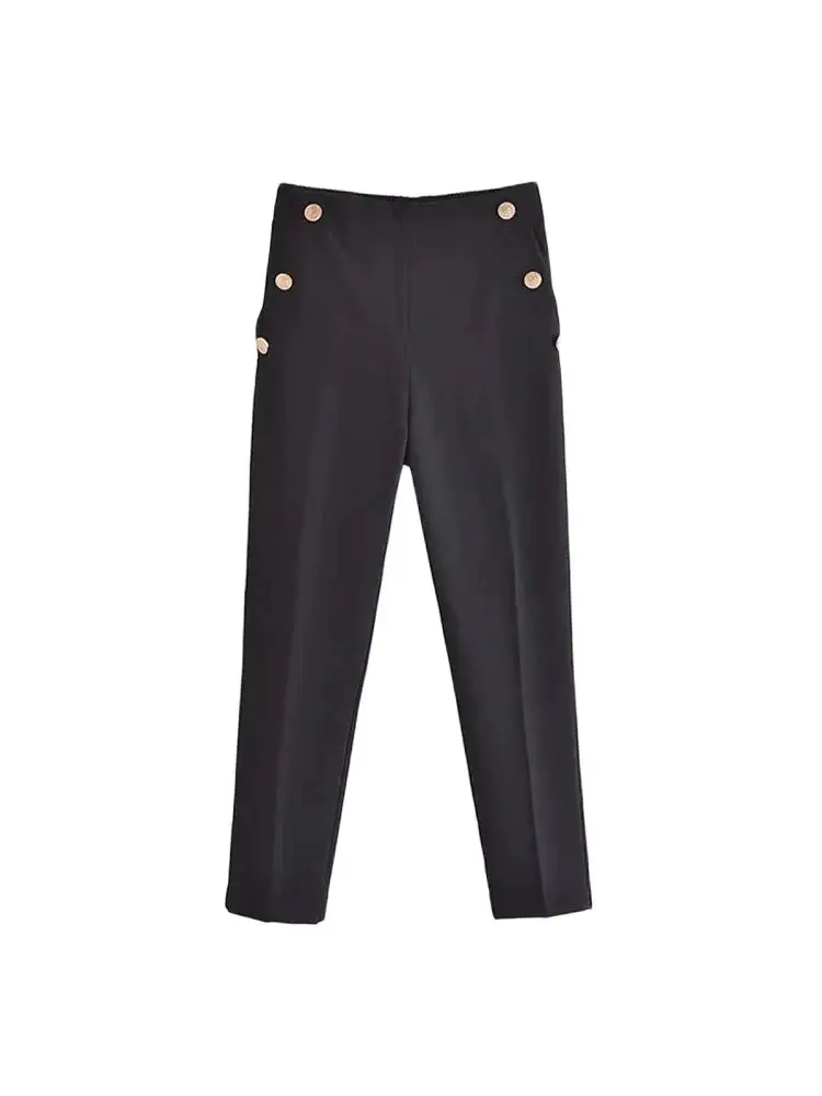 Women Fashion With Metallic Button Straight Pants Vintage High Waist Back Elastic Waistband Female Ankle Trousers Mujer