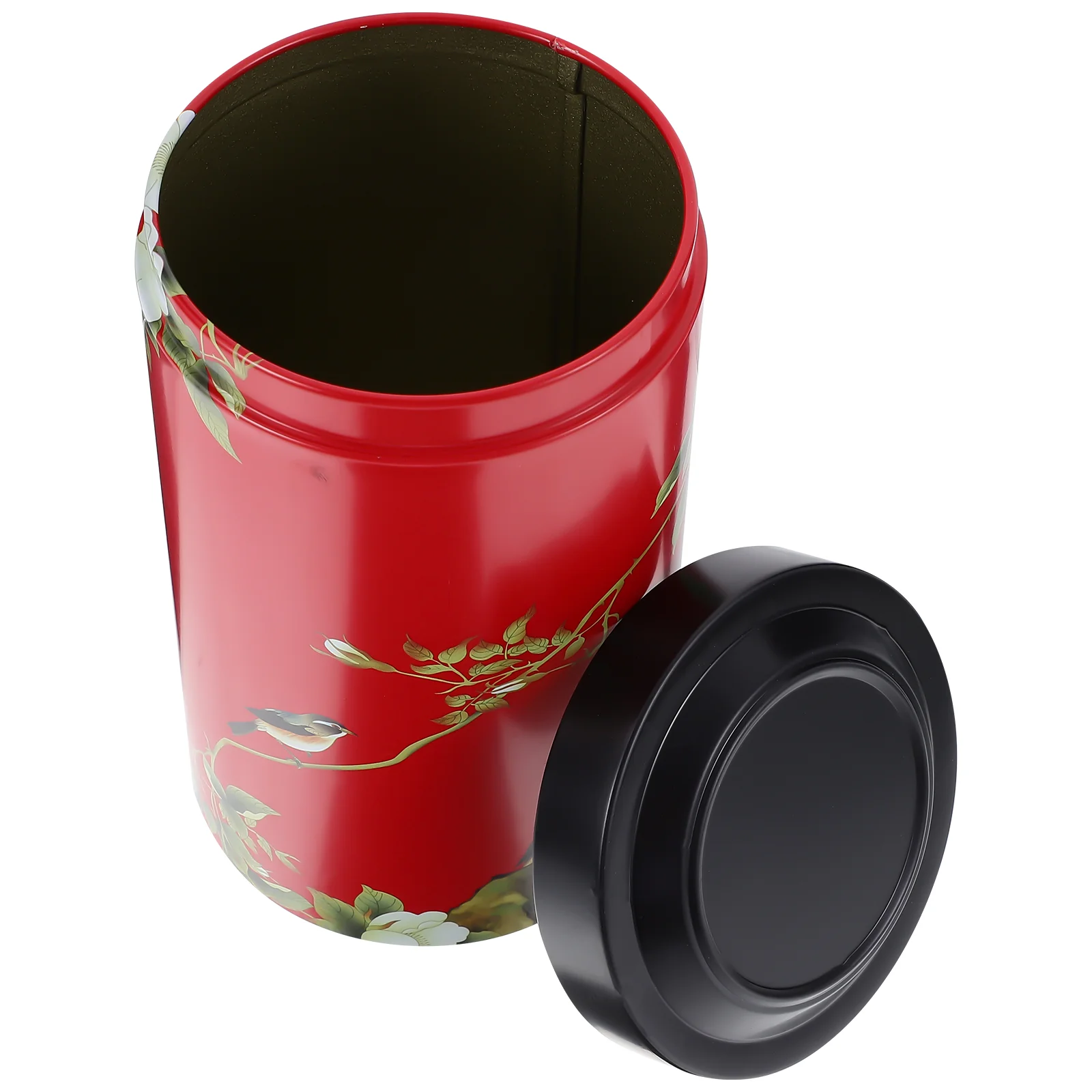 Airtight โลหะกระป๋องชาดอกไม้สีแดงนกออกแบบ Tinplate Storage Jar สําหรับชาใบหลวมกาแฟถั่ว Candy Snack Holder ขนาดใหญ่