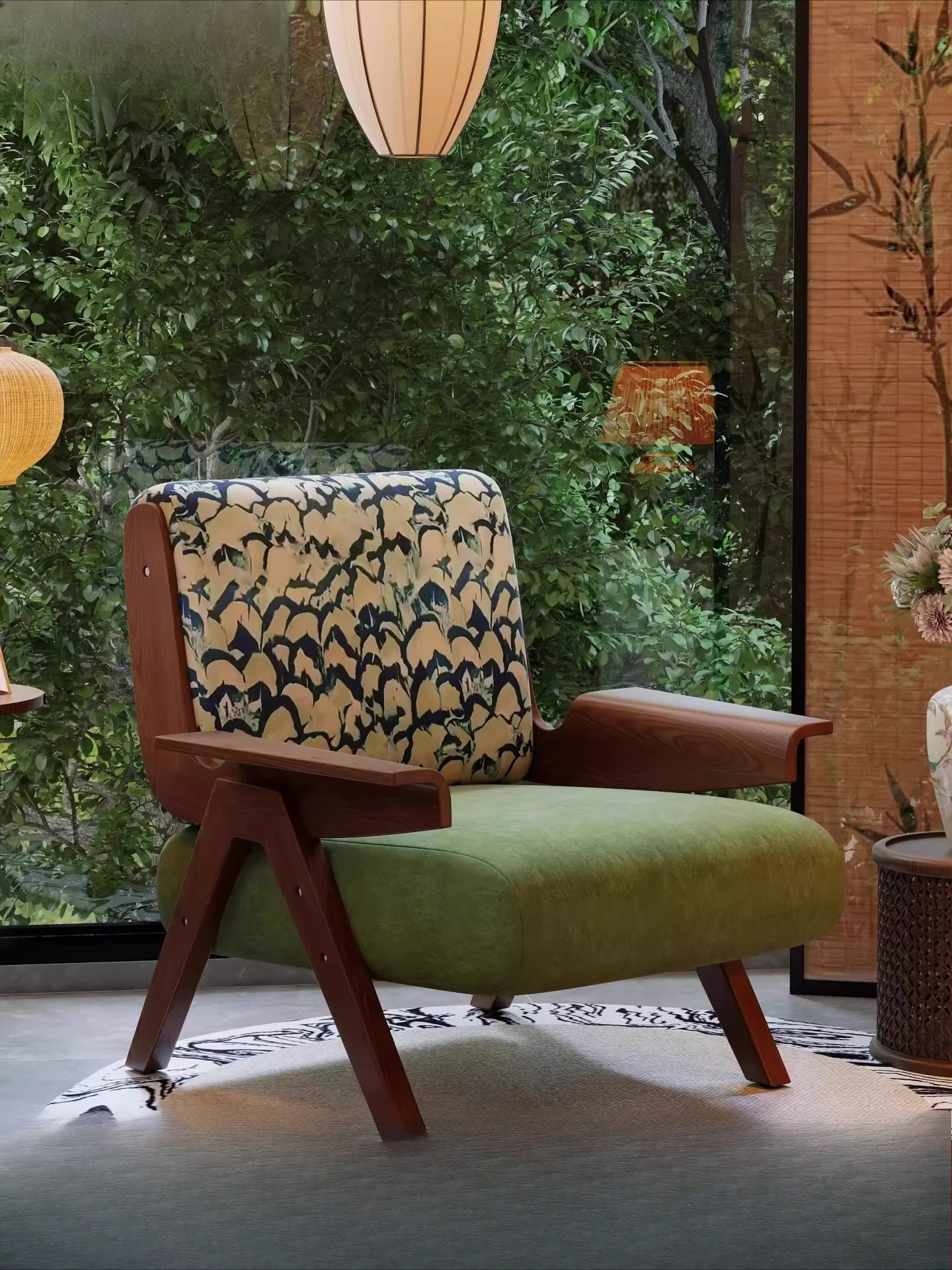 

Винтажное кресло-шезлонг из массива дерева с тканевой обивкой, для гостиной или кабинета, одноместное