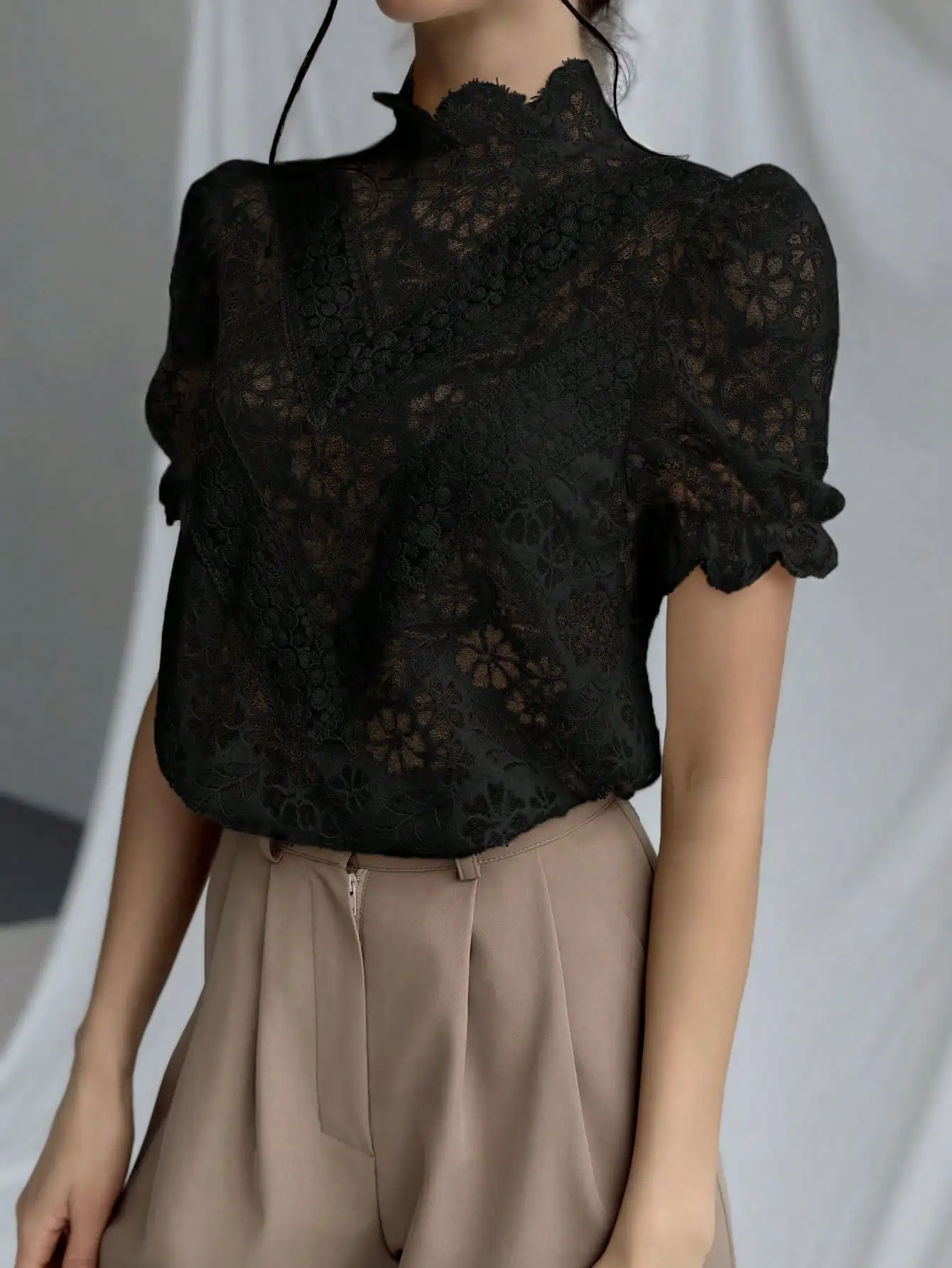 Blouse Women Y2K Black 25 Spring Summer Lace Sleeve High Neck Loose Fit Sexy Casual Streetwear Office Ready Dinner Date Weekend