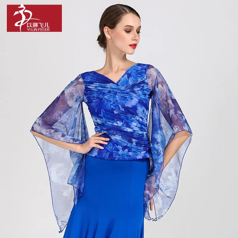 lady chiffon sleeve waltz dancing top woman vintage print ballroom dancing top