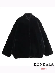 KONDALA Vintage Casual Solid Black Bomber Jackets Stand Neck Long Sleeve Fur Coats Fashion 2024 Autumn Winter Thick Warm Outwear