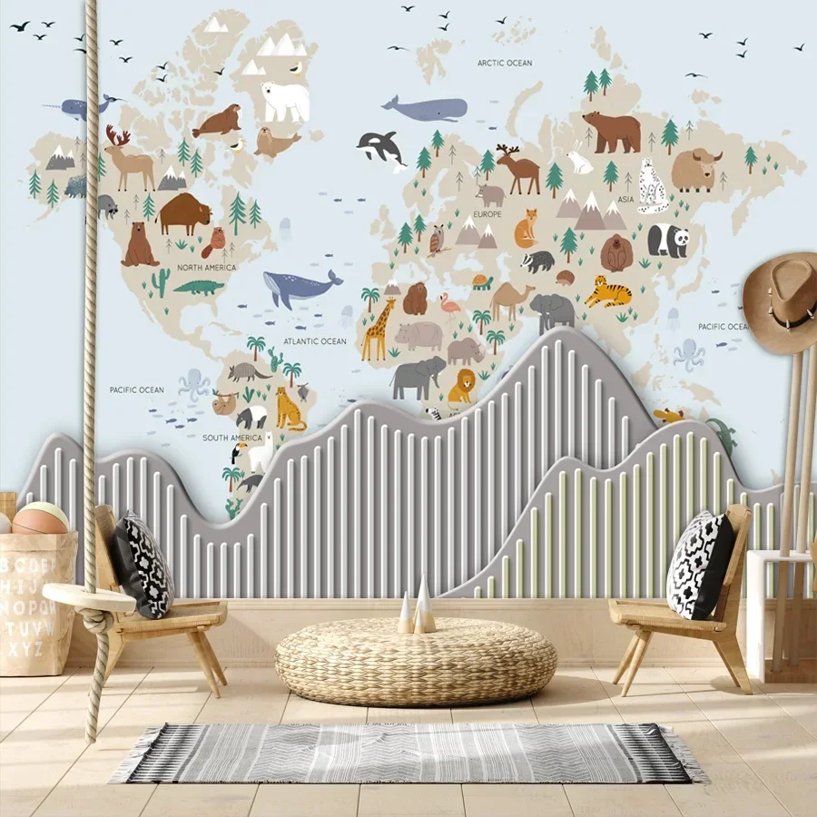 Custom Removable Self Adhesive Wallpapers Accept for Bedroom Walls Cartoon World Map Kids Nursery Wall Papers Home Decor Murals