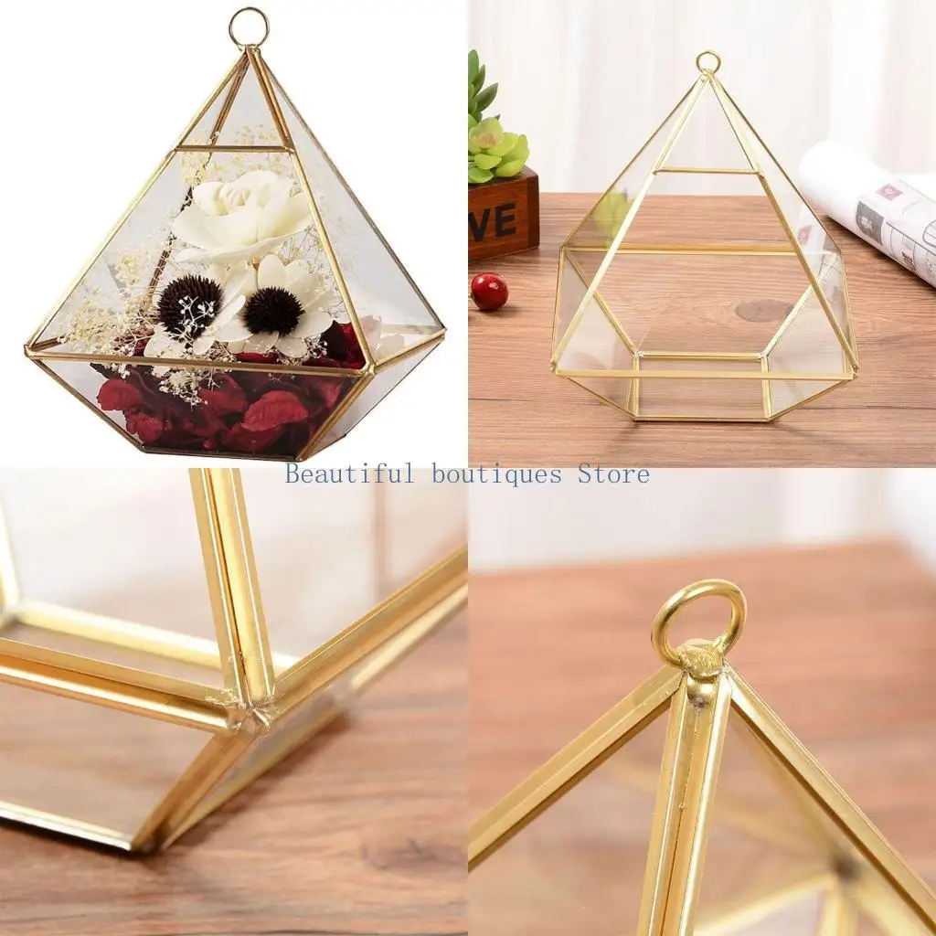 

U4LF Clear Glass Box Golden Geometric Line Diamond Jewelry Display Treasure
