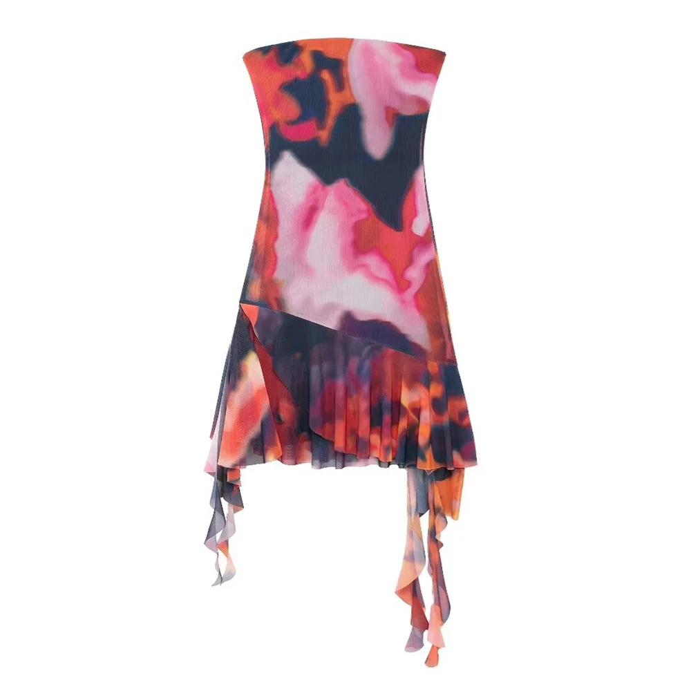 PB&ZA2024 Summer New Fashion Casual Women\'s Wear European and American Style Printed Silk Mesh Midi Bra Dress