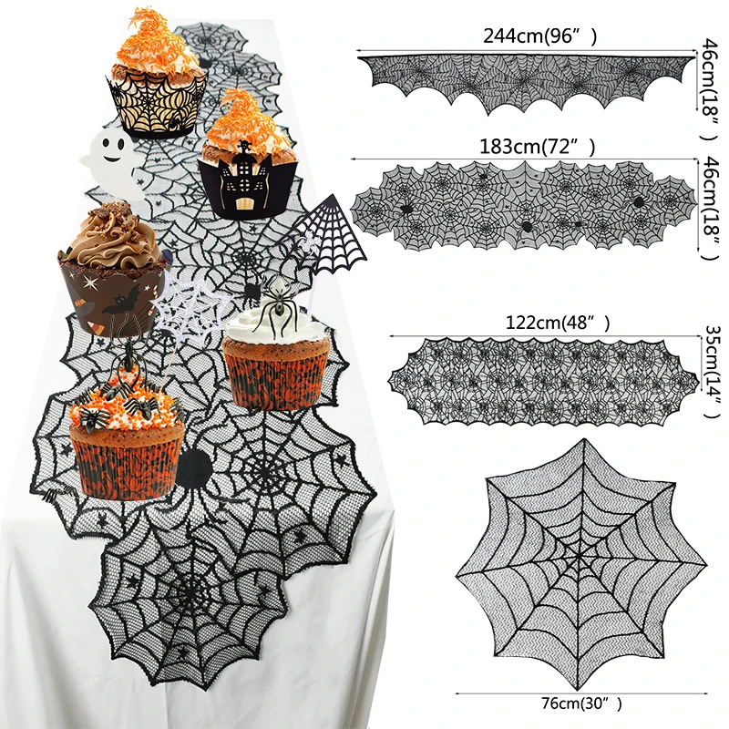 Halloween Lace Spider Web Tablecloths Black Skull Spider Web Fireplace Curtain Mantel Scarf Event Home Party Table Decorations