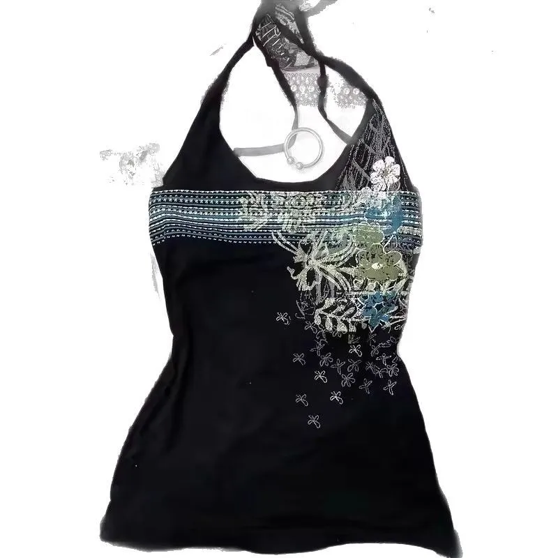 الصيف خمر القوطية مثير E-girl سليم الدبابات شخصية زهرة طباعة هوتي معلقة الرقبة أعلى اليابانية 2000s سترة المرأة السوداء