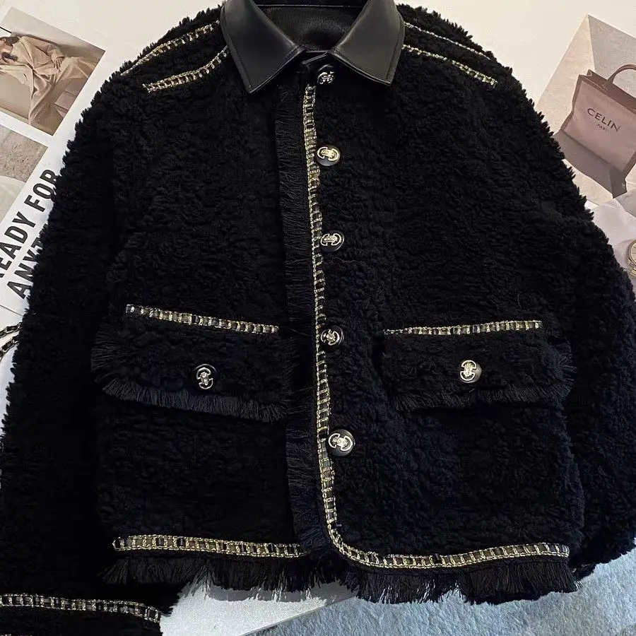 Faux Fur Integrated Lamb Wool Cotton-Padded Coat Women's Autumn Winter New Thickened Fringed Design Jacket Collar Trendy