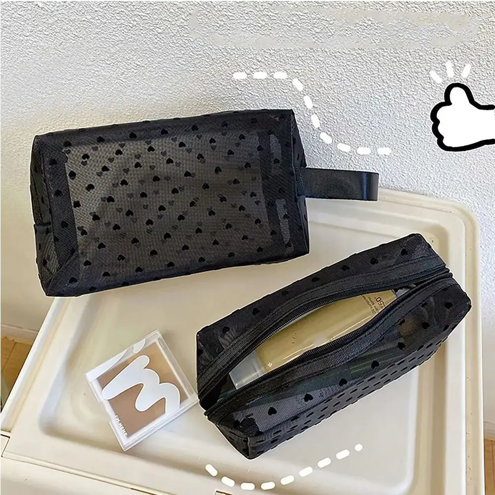 Portable Wave Point Love Heart Mesh Makeup Bag Zipper Storage Bag Transparent Cosmetic Bag Toiletry Bag Organizer Case Girls