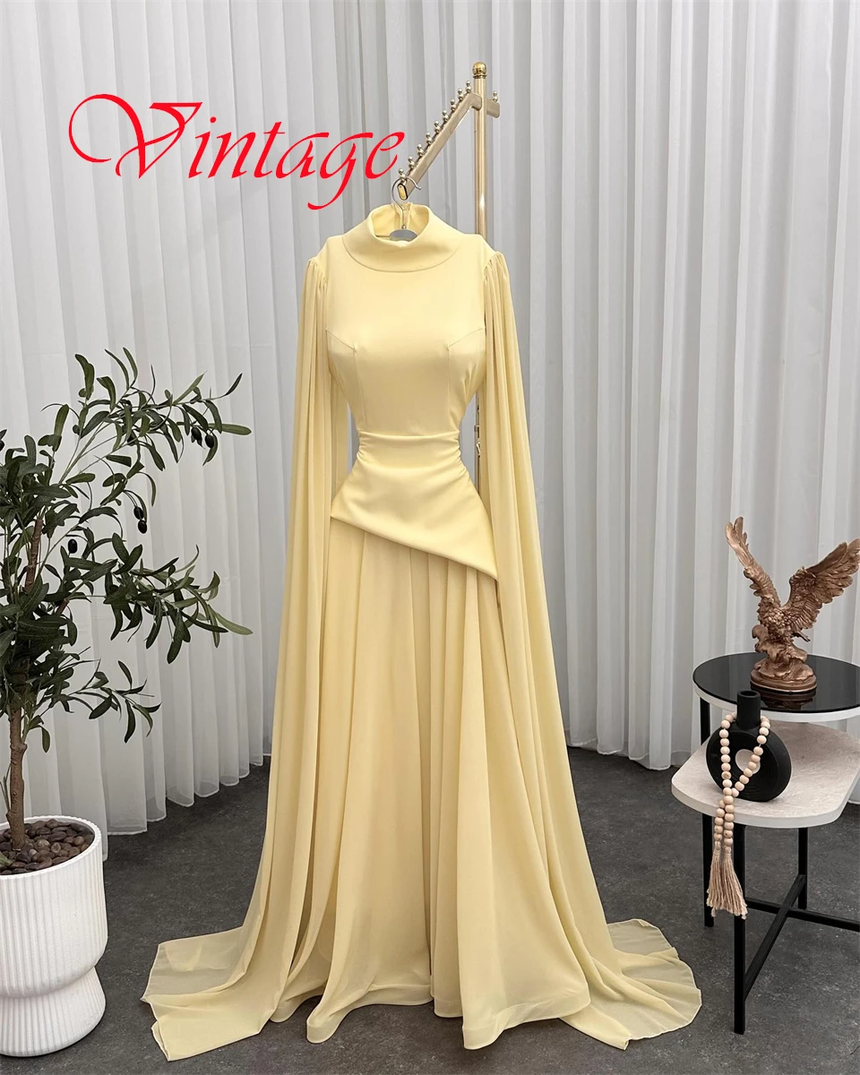 ที่กําหนดเองอารมณ์สีเหลืองชีฟองชุดราตรีประณีตคอสูงริบบิ้นแขนกุดซิปด้านหลังชุดพิเศษ