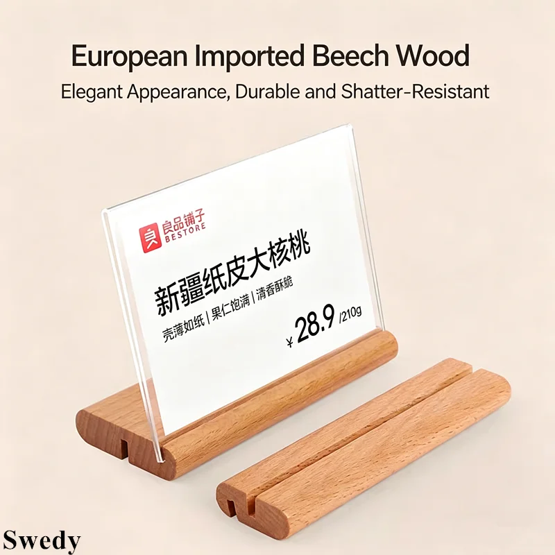 

10 PCS 90x55mm T / L Use Wood Base Menu Paper Card Holder Board Table Acrylic Sign Holder Display Stand Mini Price Label Holder