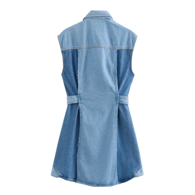 TRAF-Robe chemise en denim patchwork pour femme, robe courte boutonnée, chemise bleue en fibre, robes décontractées d'été, 2024