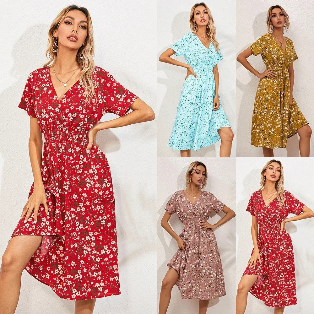 

Elegant Printed Casual Beach Midi Dresses Women Summer V-neck Short Sleeve Empire Waist A-Line Dress Sundress