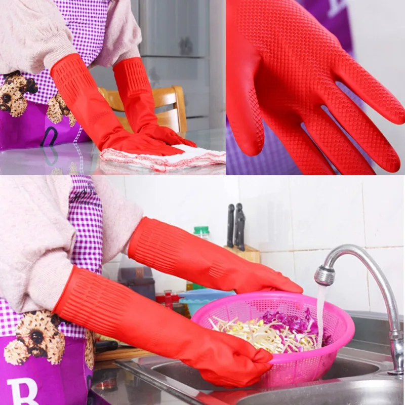 Flexible Comfortable Rubber Clean Gloves Red Dish Lady  Kitchen Cleaning Accessories  Washing Long