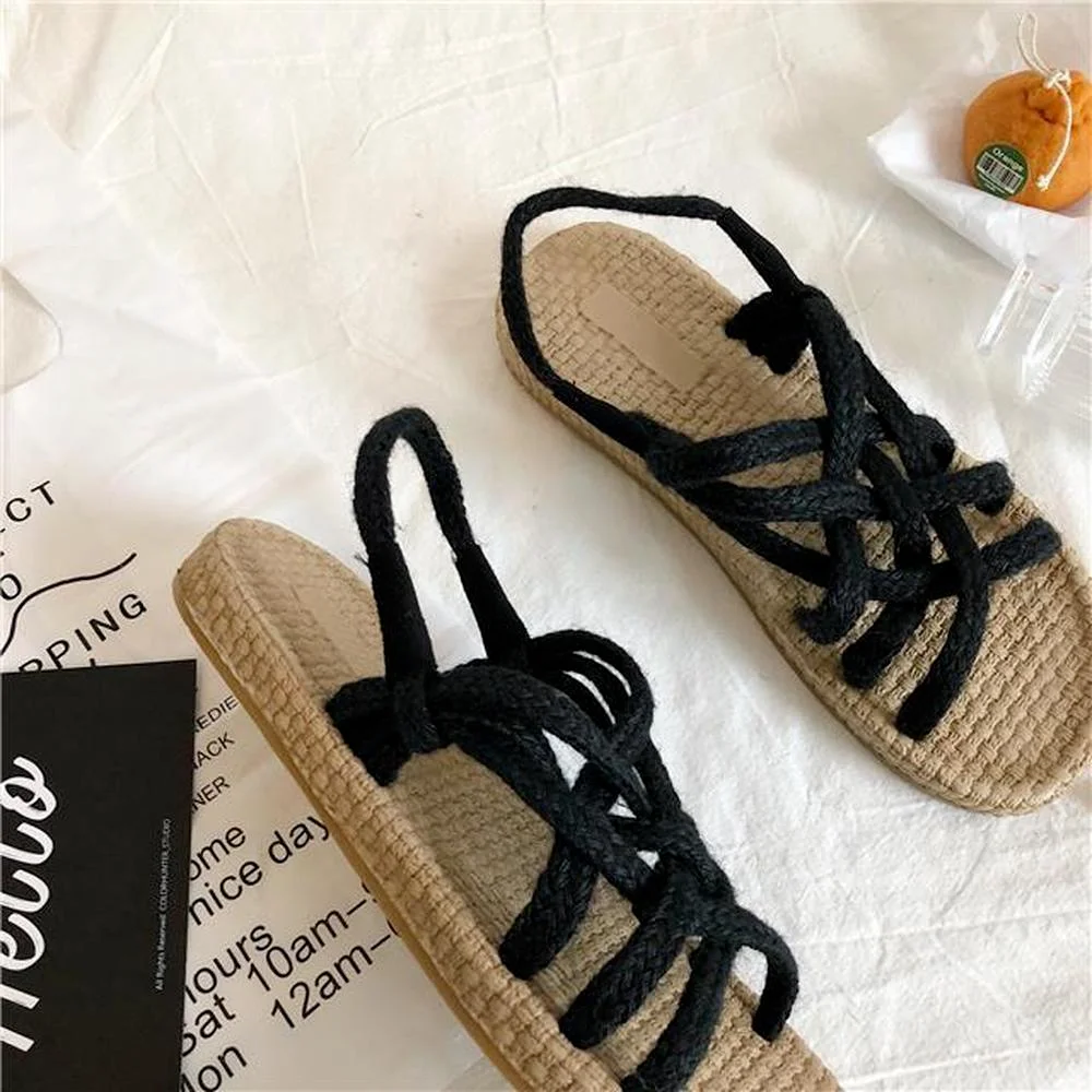 2022summer new retro hemp rope braided Roman sandals female student fisherman shoes flat beach sandals and slippers for women