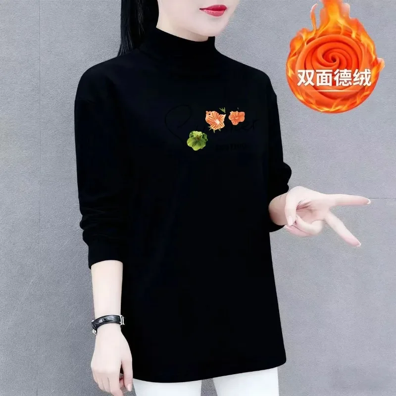 Women Half High Neck Long T-shirt Floral Print Double Sided Dralon Loose Mid Length Inner Blouse Autumn Winter Tops
