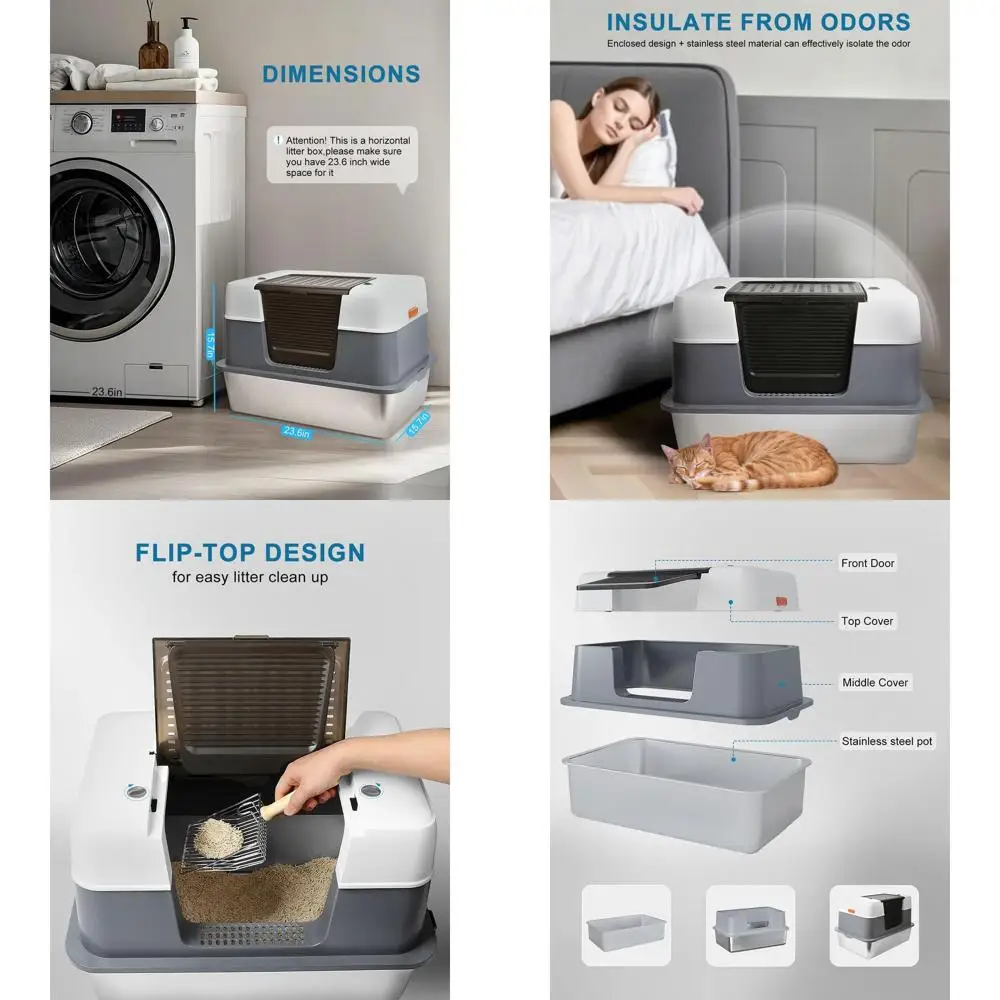 

Закрытый ящик для кошачьего туалета из нержавеющей стали с крышкой, контролем запаха, ковриком для туалета, редукционным пакетом 2 кг, металлическим совок, легко моется