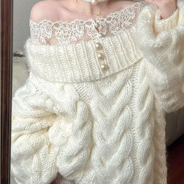 Korea Sweet One-Shoulder Lace Spliced ​​White Sweater Autumn Winter High-End Soft Waxy Comfortable Temperament Fashionable Top