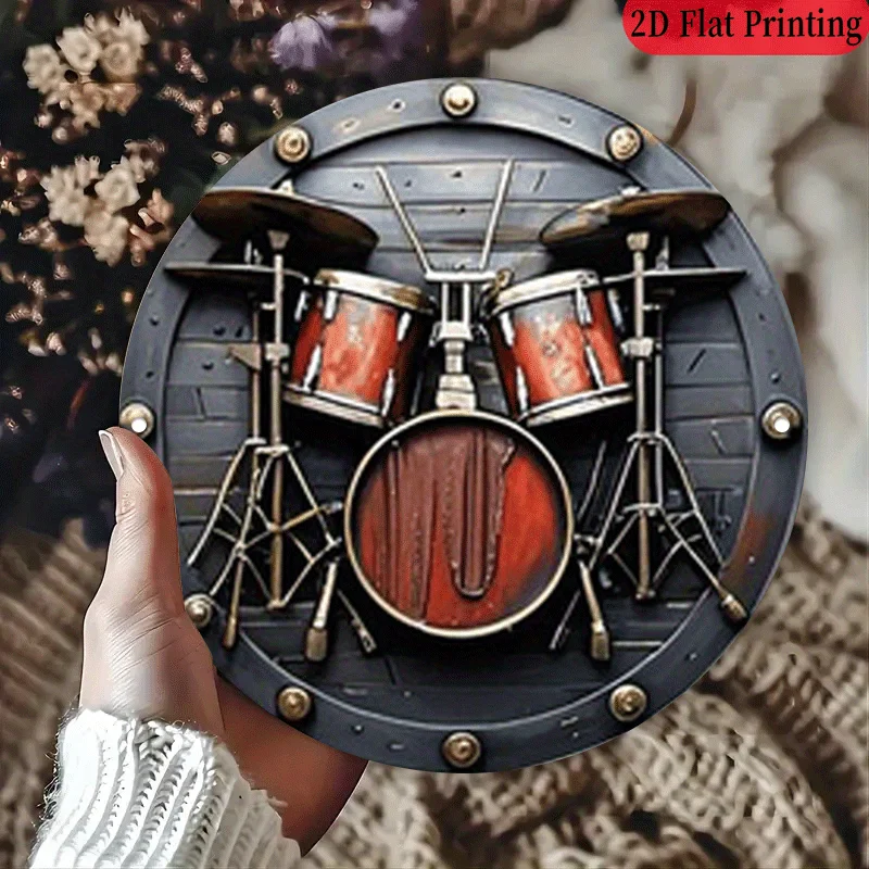 2D مسطح، 1 قطعة، 20.32 × 20.32 سم 2D علامة ألومنيوم مستديرة، أداة فرقة طبلة عتيقة، لوحة معدنية لموسيقى الروك، لوحة قديمة بطابع شريطي