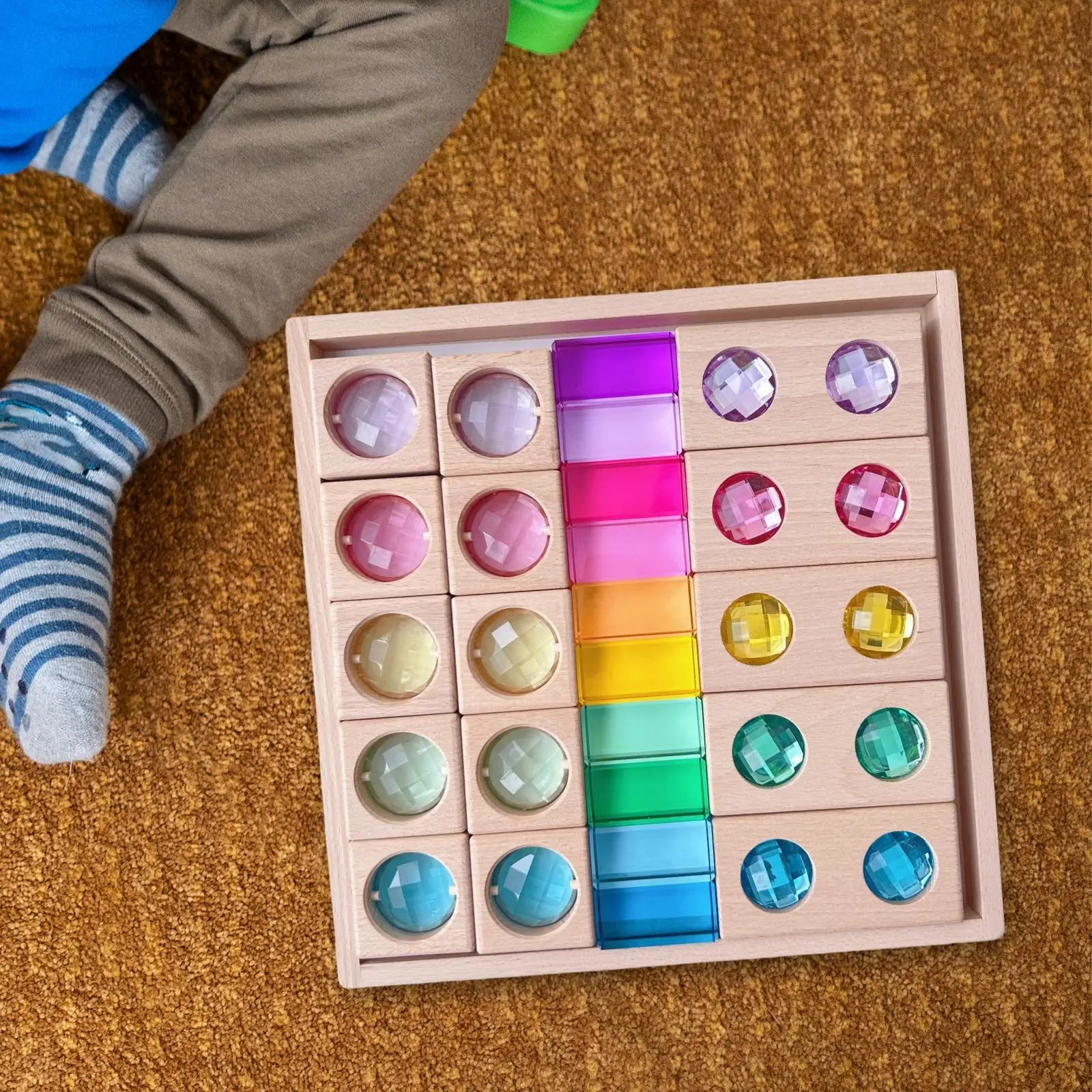 บล็อกไม้ GEM สีสันสดใส พร้อมถาดเก็บของ ฝึกการประสานงานระหว่างมือและตา ของขวัญที่เหมาะสำหรับเด็ก ชุดตัวต่อสร้างสรรค์