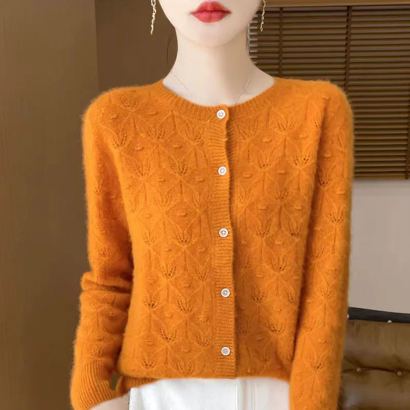Autumn And Winter New Hollow Round Neck Cardigan Women's Jacquard Loose Wool Knitted Long-Sleeved Coat Top