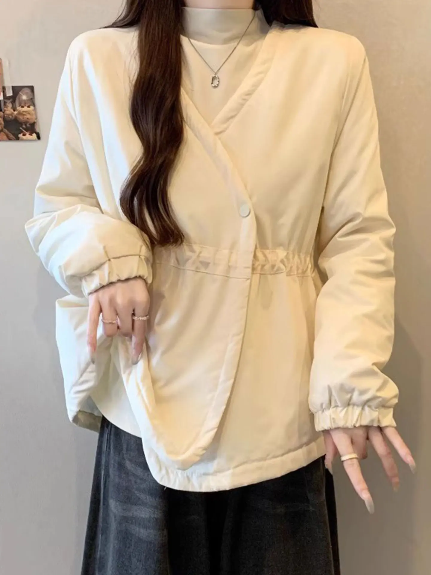 

Хлопковая женская куртка цвета хаки с V-образным вырезом, зимняя, больших размеров, свободного кроя, теплая повседневная верхняя одежда для полных женщин