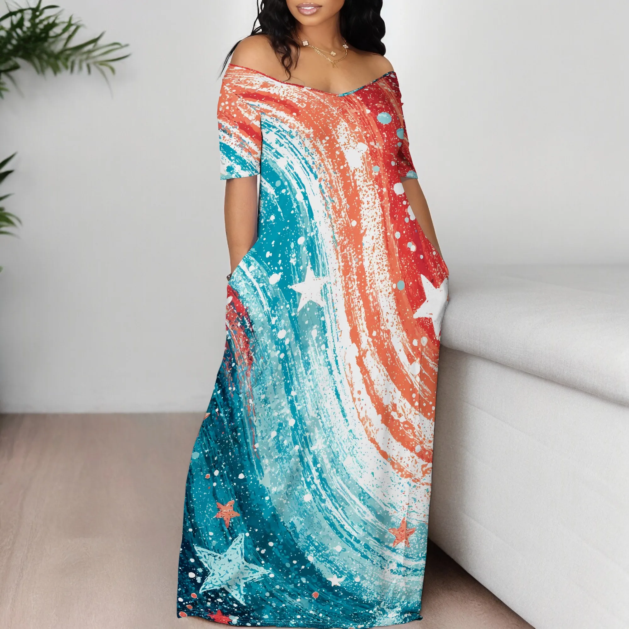 

Nupusa Star & Wave Print Summer Dress for Women Off Shoulder Short Sleeve Casual Maxi Dress