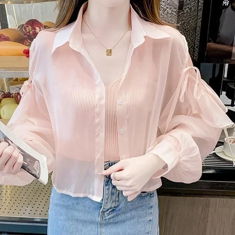 Manteau élégant en mousseline de soie pour femmes, épaules dénudées, gilet intérieur sans bretelles, ensemble deux pièces décontracté, chemises à nœud à revers