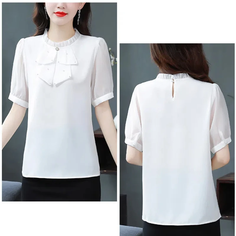 Summer Women\'s Clothing Solid Color Pullover Round Neck Chiffon Lantern Short Sleeve Beaded T-shirt Elegant Casual Korean Tops