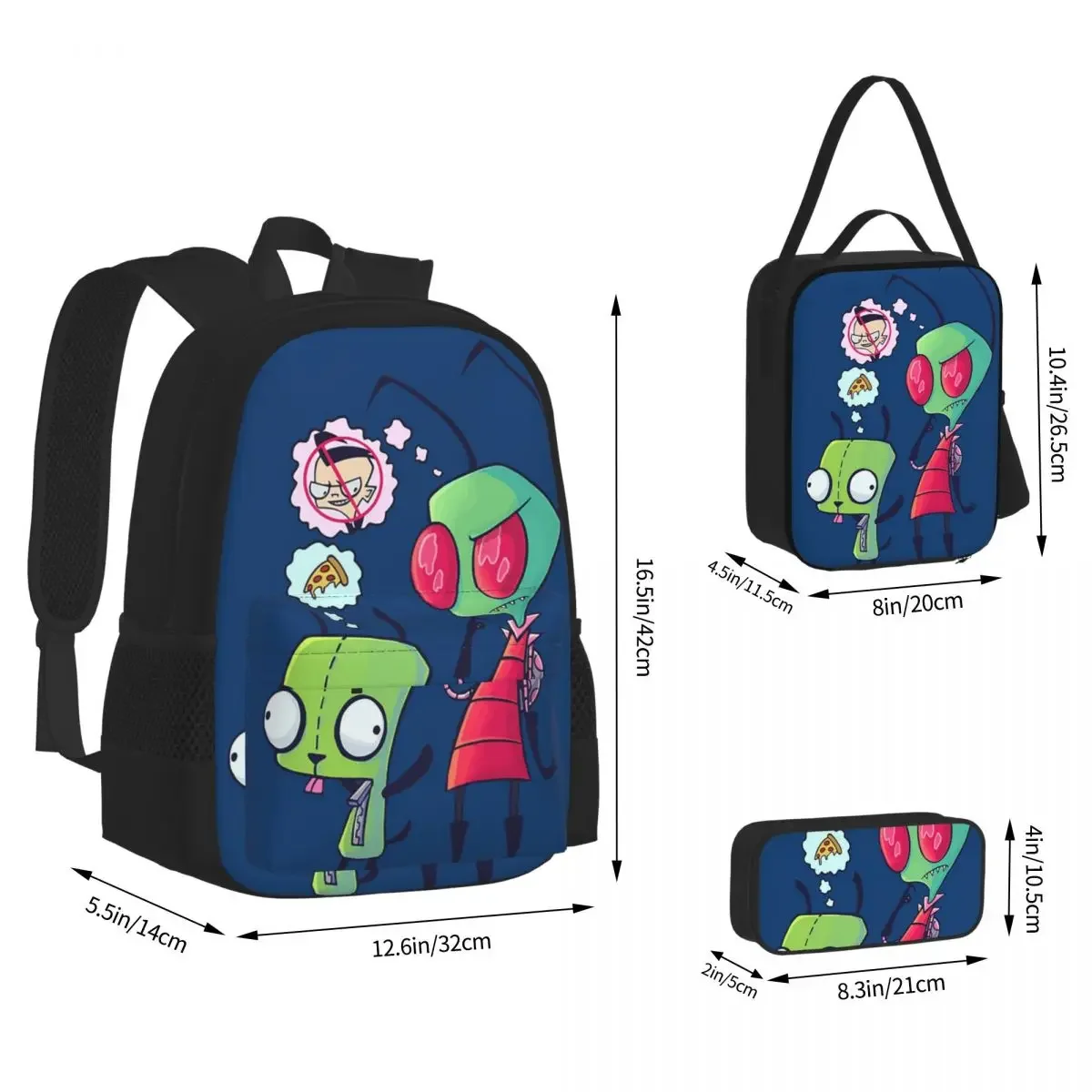 Sendirian Invader Zim Karangkok Premium Backpacks Bookbag Students School Bags Kids Rucksack Lunch Bag Pen Bag Three-Piece Set