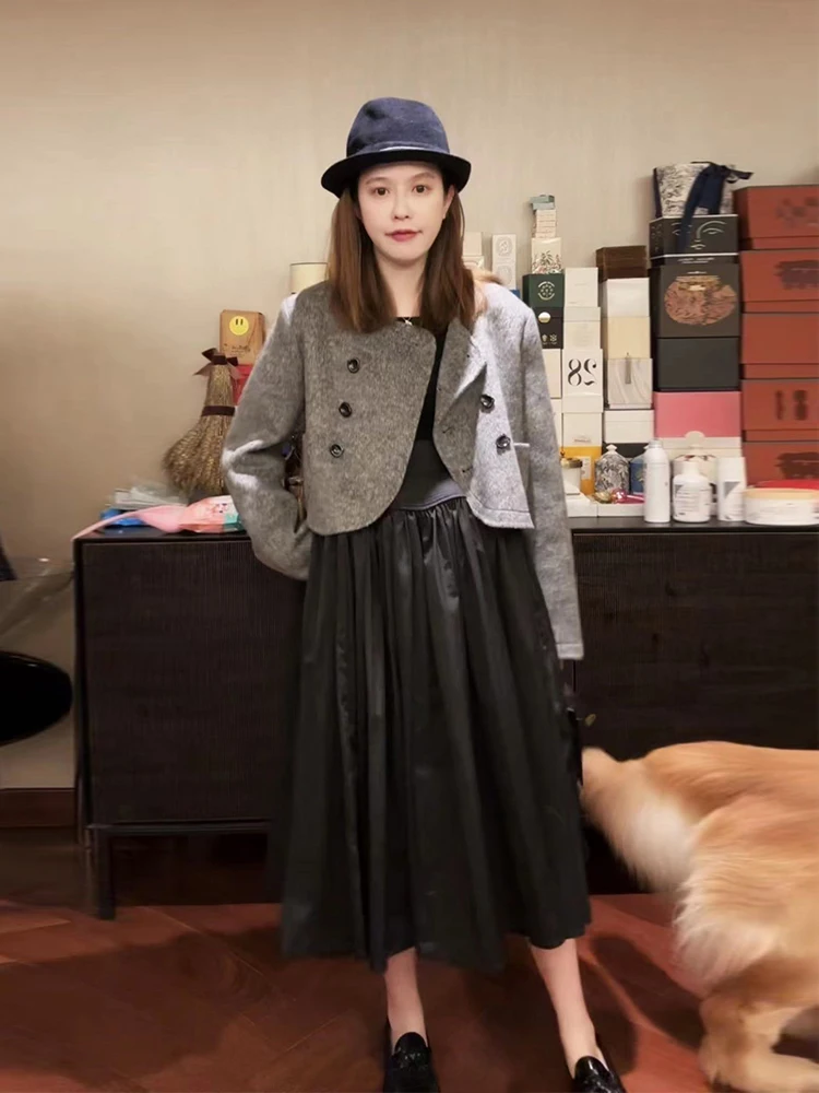 

the Vever Wool And Rabbit Fur Double-sided Tweed ort Coat for Women mat Design Long Sve round Ne Button Closure