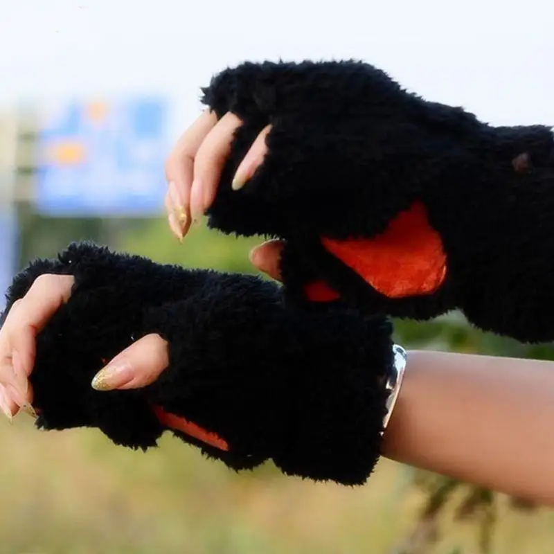 

652F Women Girls Lovely for Cat Paw Claw Thick Half Fingerless Gloves Plush Mi