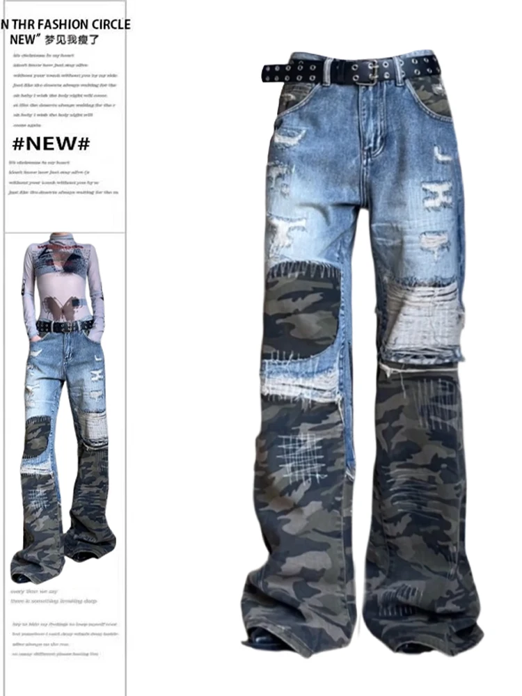 Women American Vintage Grunge Y2k Japanese Bell Bottoms Streetwear Camouflage Patchwork Denim Pants Trousers Harajuku Flare Jean