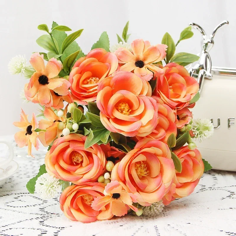 Artificial Flowers Orange Chogori Camellias Bouquet Silk Fake Flower Imitation Camellia Hydrangea Green Plant Bedroom Decoration