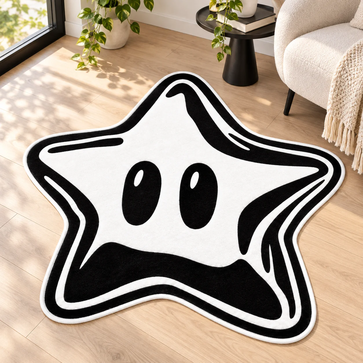 Black and White Cartoon Star Shaped Area Rug, Pet Mat Cute Gaming Floor Mat for Living Room, Fun Modern Home Decor Gift