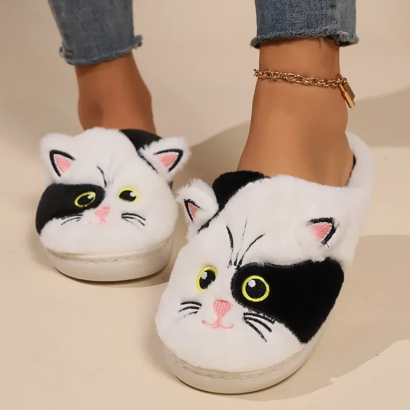 Women Winter Cartoon Cat Warm Plush Slippers Couple New Indoor Non-slip House Men Warm Thick Sole Home Cotton Fluffy Slippers