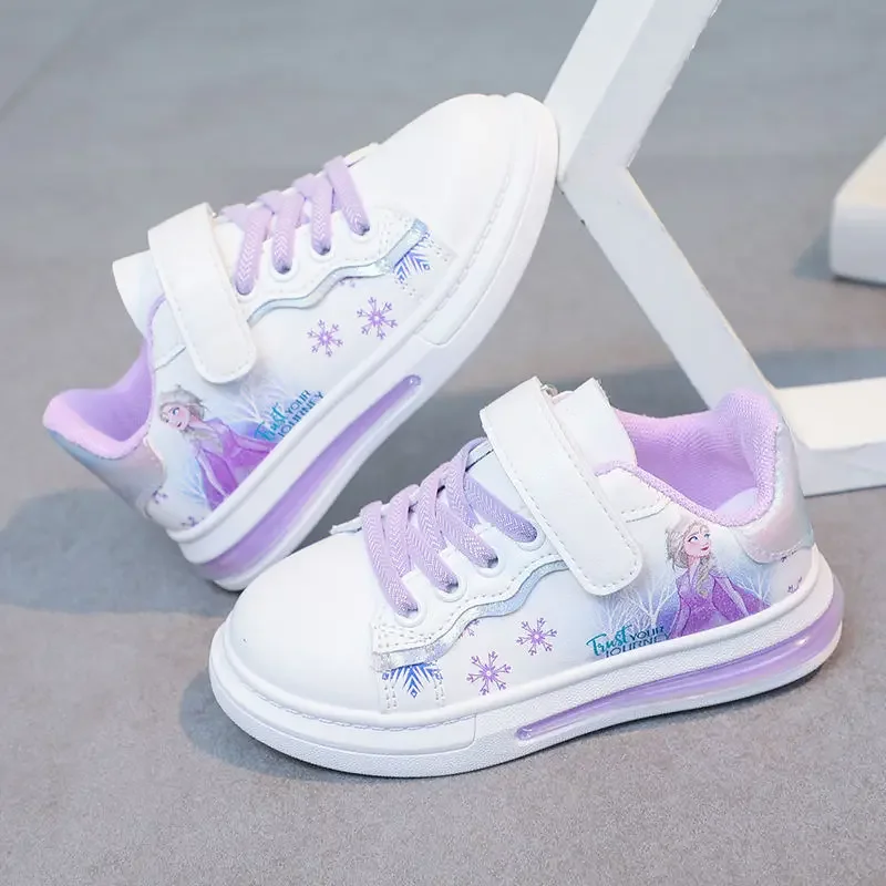 Disney spring and autumn new girls casual shoes Elsa princess students soft sole white shoes waterproof leather sneakers