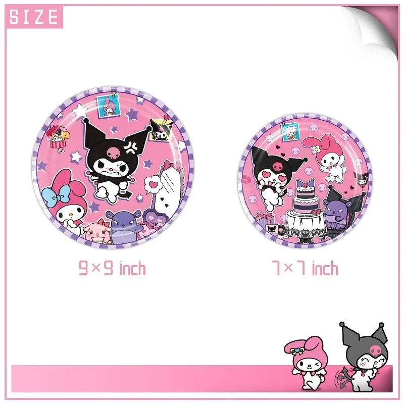 Sanrio Kuromi My Melody suministros de fiesta de cumpleaños, juego de vajilla, cubiertos de fiesta de cumpleaños para niños, decoración, servilleta, taza de papel